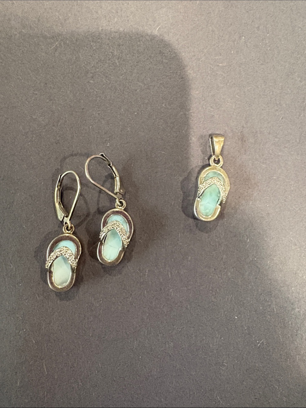 Sterling silver Aqua Flip Flop Pendant & Earrings Set